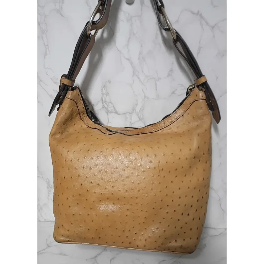 DOONEY & BOURKE Tan Ostrich Embossed Leather Hobo Shoulder Bag - EUC